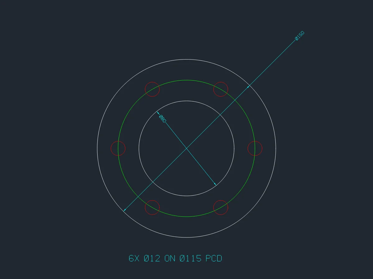 A flange drawn by an AI agent through CADCraft's MCP server: a 150 mm outer circle and 80 mm bore in white, a green 115 mm pitch circle, six red 12 mm bolt holes, diameter dimensions Ø150 and Ø80 in cyan, and the note 6X Ø12 ON Ø115 PCD