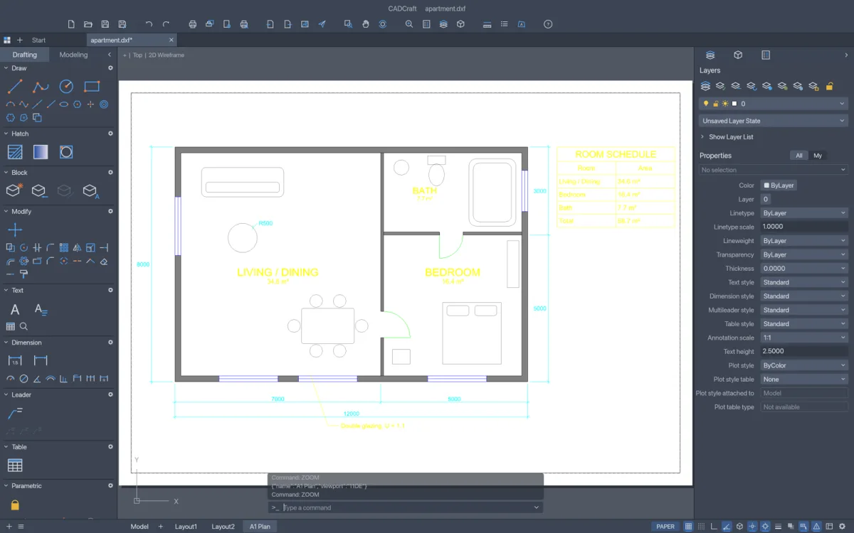 A paper-space layout in CADCraft: a white sheet with a dashed printable area and a viewport showing an apartment plan at scale, with the A1 Plan layout tab and a PAPER toggle in the status bar