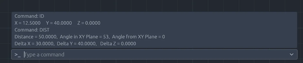 The CADCraft command history showing Command: ID with X = 12.5000 Y = 40.0000 Z = 0.0000, then Command: DIST with Distance = 50.0000 and Delta X = 30.0000, Delta Y = 40.0000