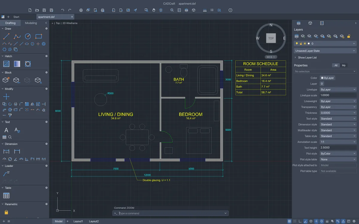 CADCraft desktop app with an apartment floor plan open: hatched walls, dimensions, a room schedule table and the command line at the bottom