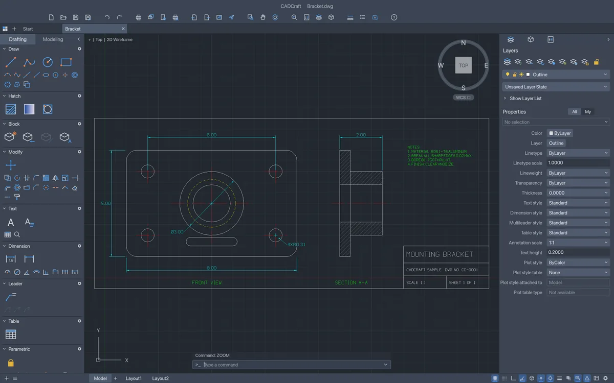 CADCraft desktop app with a mounting bracket part drawing: front view with bolt holes and dimensions, a hatched section view and a title block