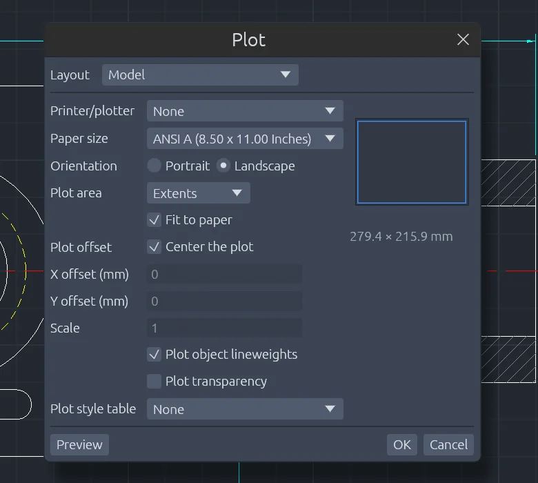 The CADCraft Plot dialog: Layout Model, Printer/plotter None, Paper size ANSI A 8.50 x 11.00 inches, Landscape, Plot area Extents, Fit to paper, Center the plot, Plot object lineweights ticked, Plot transparency unticked, Plot style table None