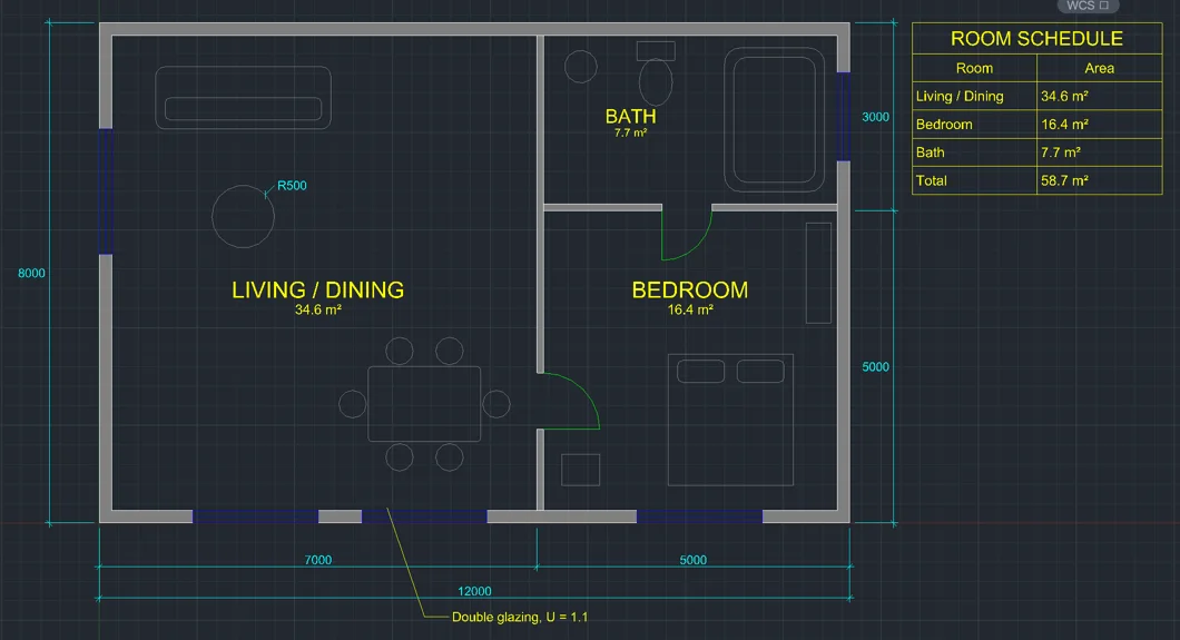 The finished sample apartment in CADCraft: grey hatched walls, blue windows, green door swings, furniture, yellow room names, a room schedule table, a multileader note and cyan dimensions of 7000, 5000, 12000, 3000, 5000 and 8000