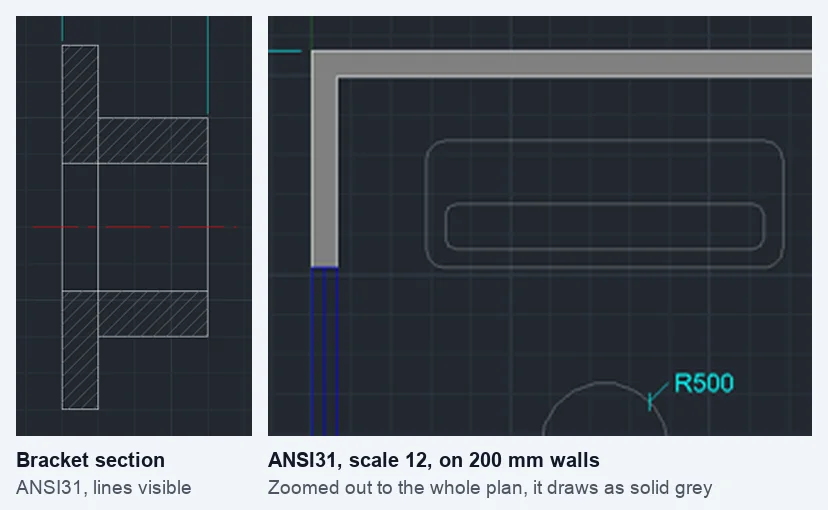 Two real hatches in CADCraft. Left: the bracket sample's section view, ANSI31 with the 45° lines clearly visible. Right: the apartment sample's 200 mm walls with ANSI31 at scale 12, zoomed out to the whole plan, where the hatch draws as solid grey