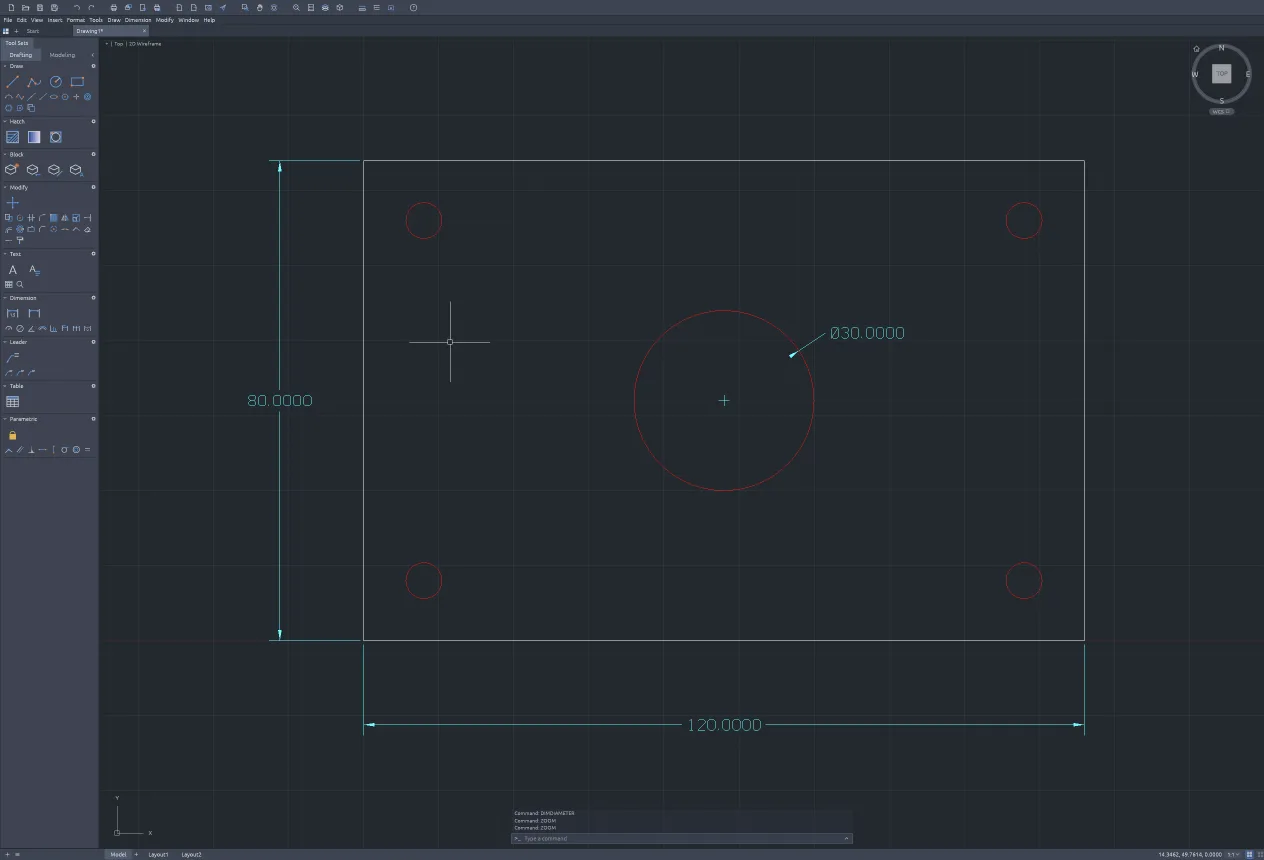 The CADCraft online editor in a browser with a 120 by 80 plate: a 30 mm centre hole with a diameter dimension, four corner holes on a red layer, overall width and height dimensions, the Tool Sets palette on the left and the command line at the bottom