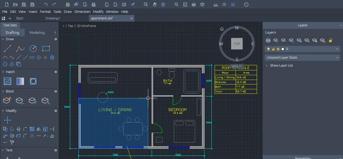 The CADCraft online editor at cadcraft.org/online with the sample apartment floor plan opened from a DXF file