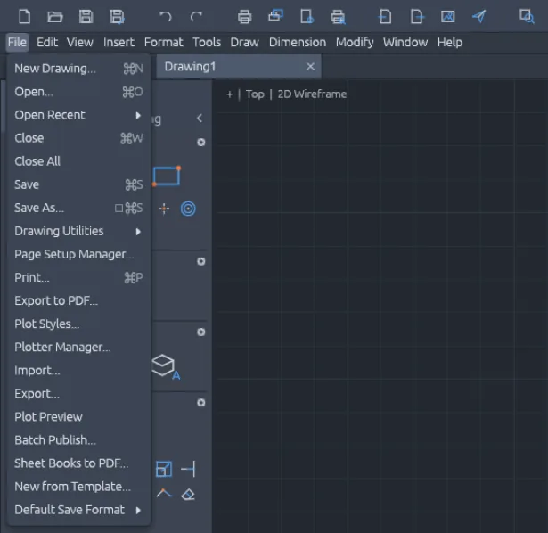 The CADCraft File menu: New Drawing, Open, Open Recent, Close, Save, Save As, Export to PDF, Plot Styles, Plotter Manager, Import, Export, New from Template, Default Save Format