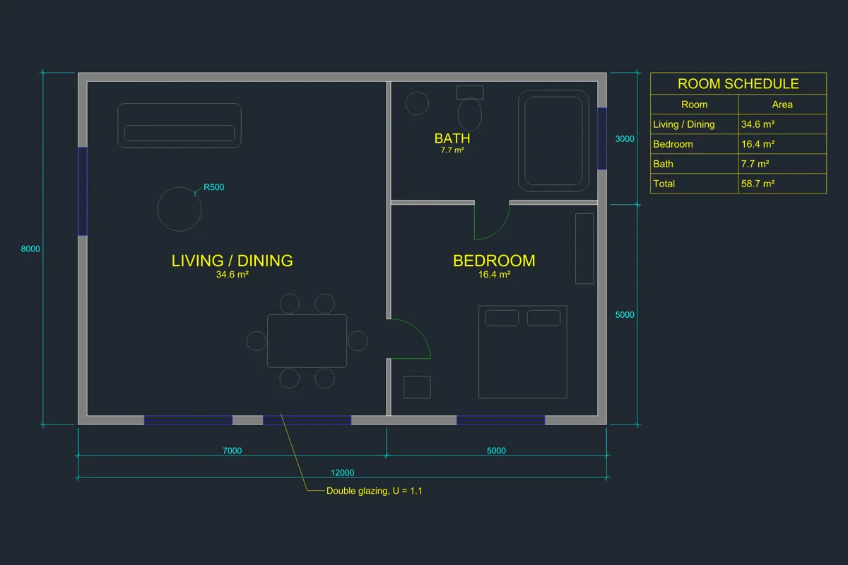 The CADCraft sample apartment plan rendered to PNG by cadcraft-cli in 0.07 seconds: hatched walls, door swings, furniture, room labels with areas, a room schedule table and dimensions