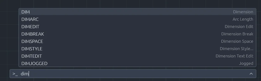 The CADCraft command line with dim typed and an AutoComplete list showing DIM, DIMARC, DIMEDIT, DIMBREAK, DIMSPACE, DIMSTYLE, DIMTEDIT and DIMJOGGED with their labels