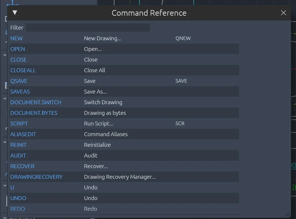 The CADCraft Command Reference window opened with F1, with a Filter box and rows such as NEW New Drawing QNEW, QSAVE Save SAVE and SCRIPT Run Script SCR